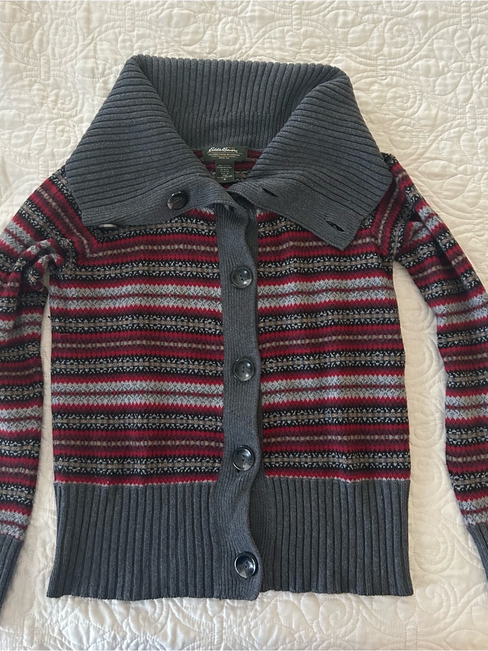 Eddie Bauer Gray and Burgundy Striped Shawl-Collar Cardigan